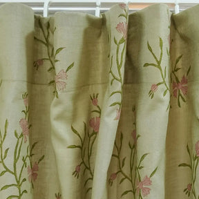 Handcrafted Floral Block Print Viscose Linen Green Curtains Panel - Daisy
