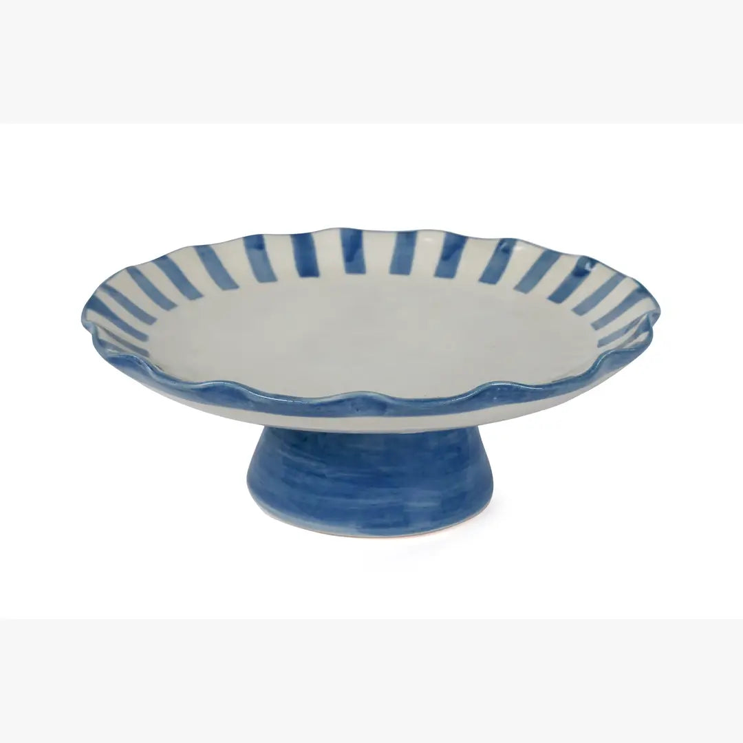 Ceramic Stripe Cake Stand, Blue - 10 x 10 x 3.75 Inches