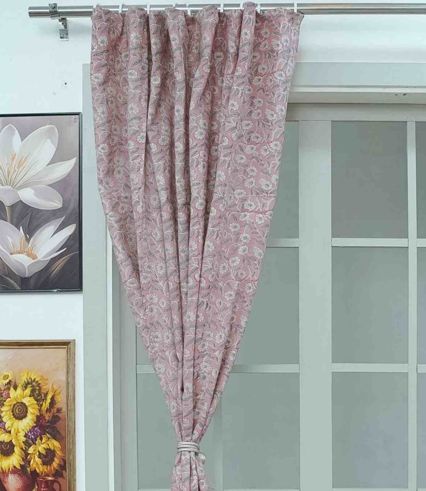 Floral Block Print Viscose Linen Curtain - Haridwar Gray and Pink Handcrafted Window Drape