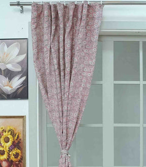 Floral Block Print Viscose Linen Curtain - Haridwar Gray and Pink Handcrafted Window Drape