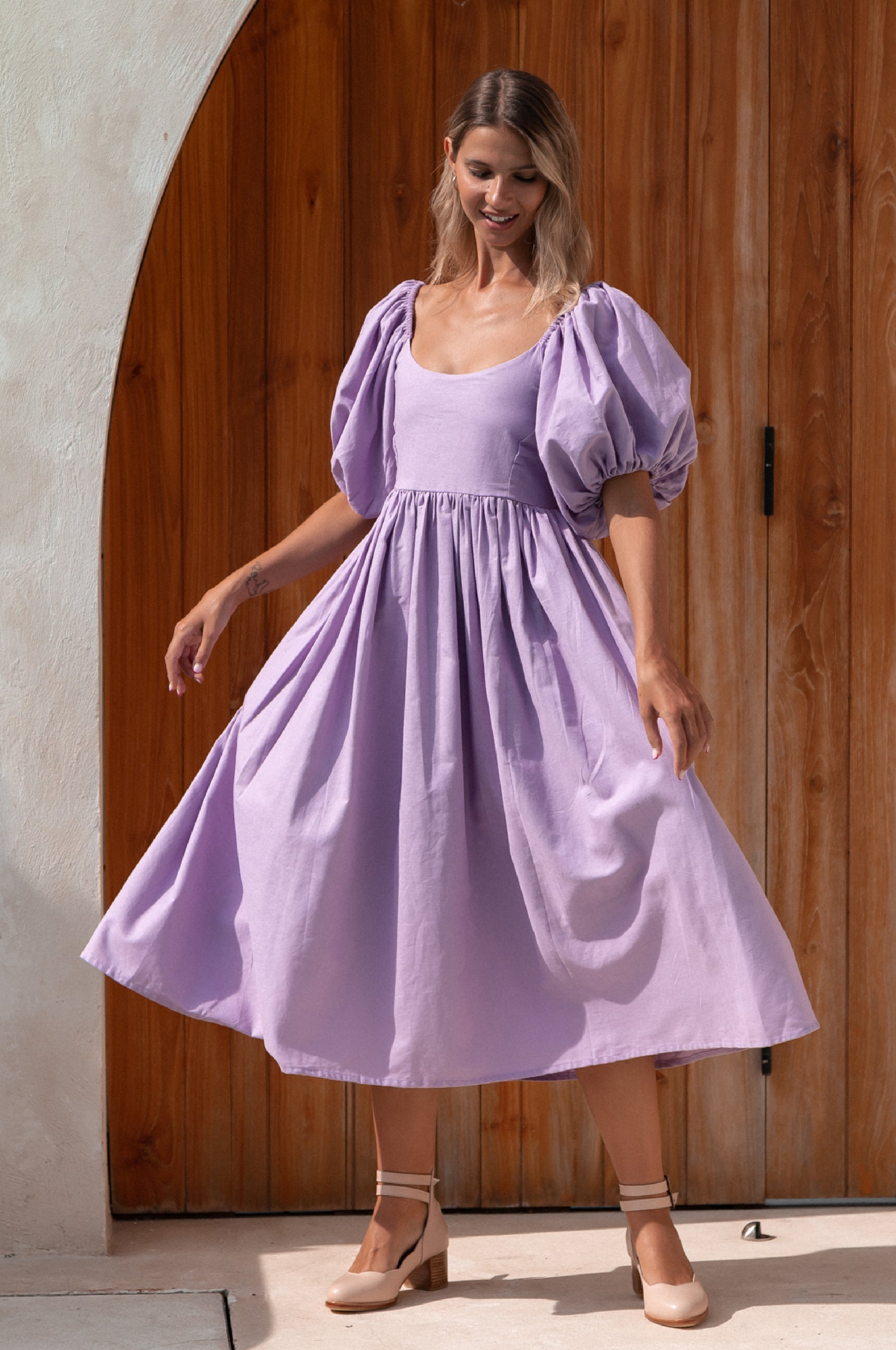 Cherie Puff Sleeve Midi Dress - Lavender