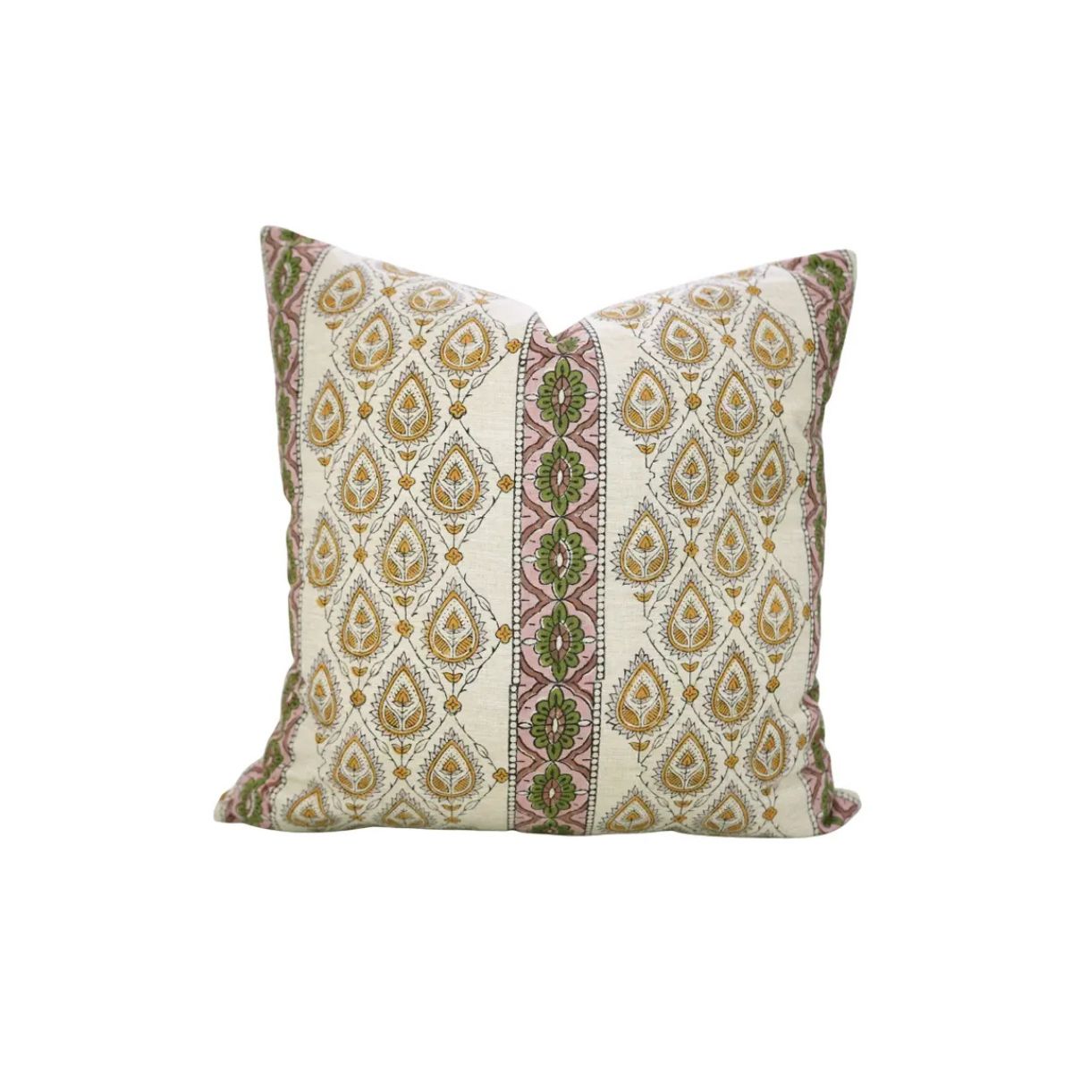 Natural Block Print Linen Blend Pillow Cover - Paan Patti Border