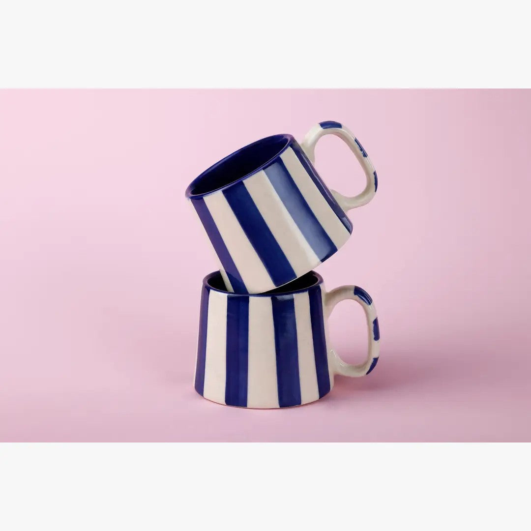 Ceramic Striped  Coffee cup , Pink , Green , Dark Blue , Aqua - 220ml (Set of 2)
