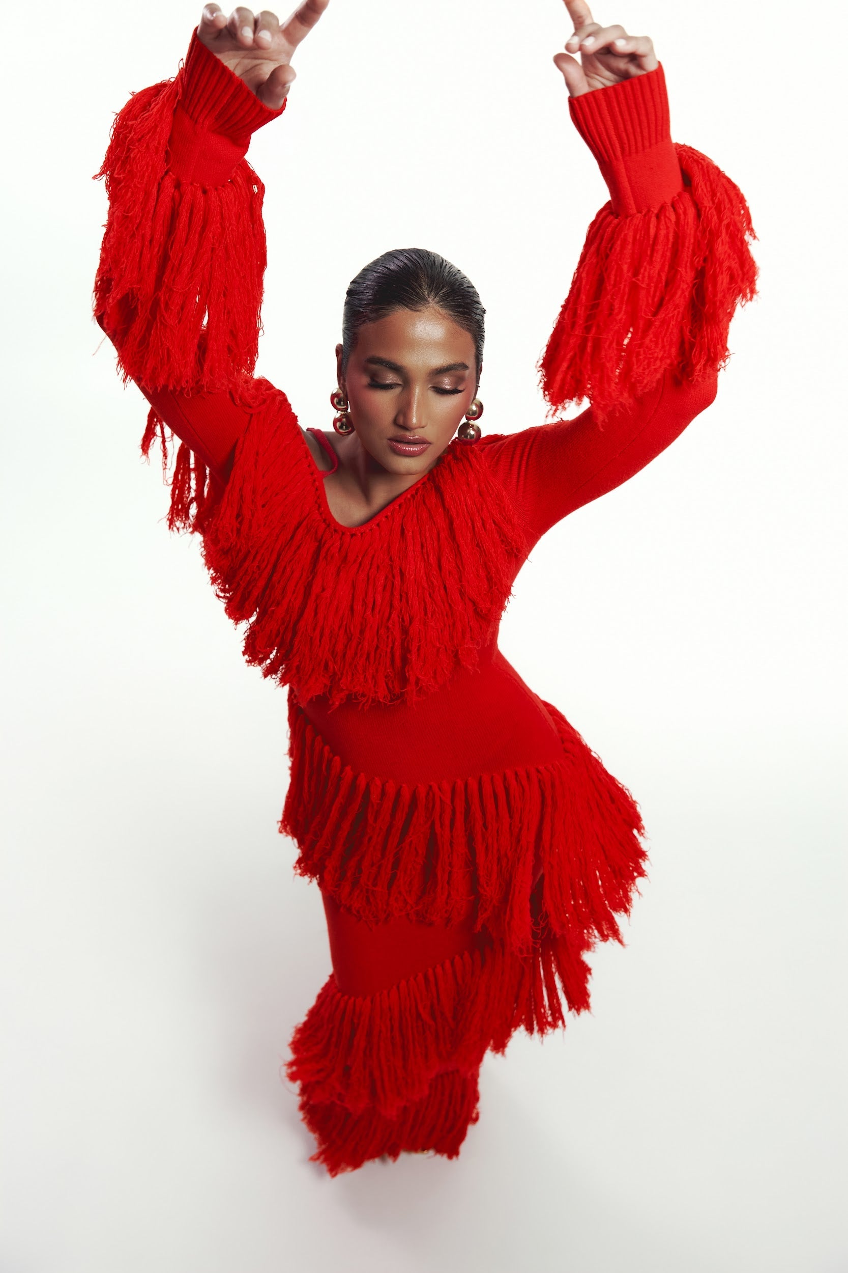 IGHO Sequin Fringe Maxi Dress in RED