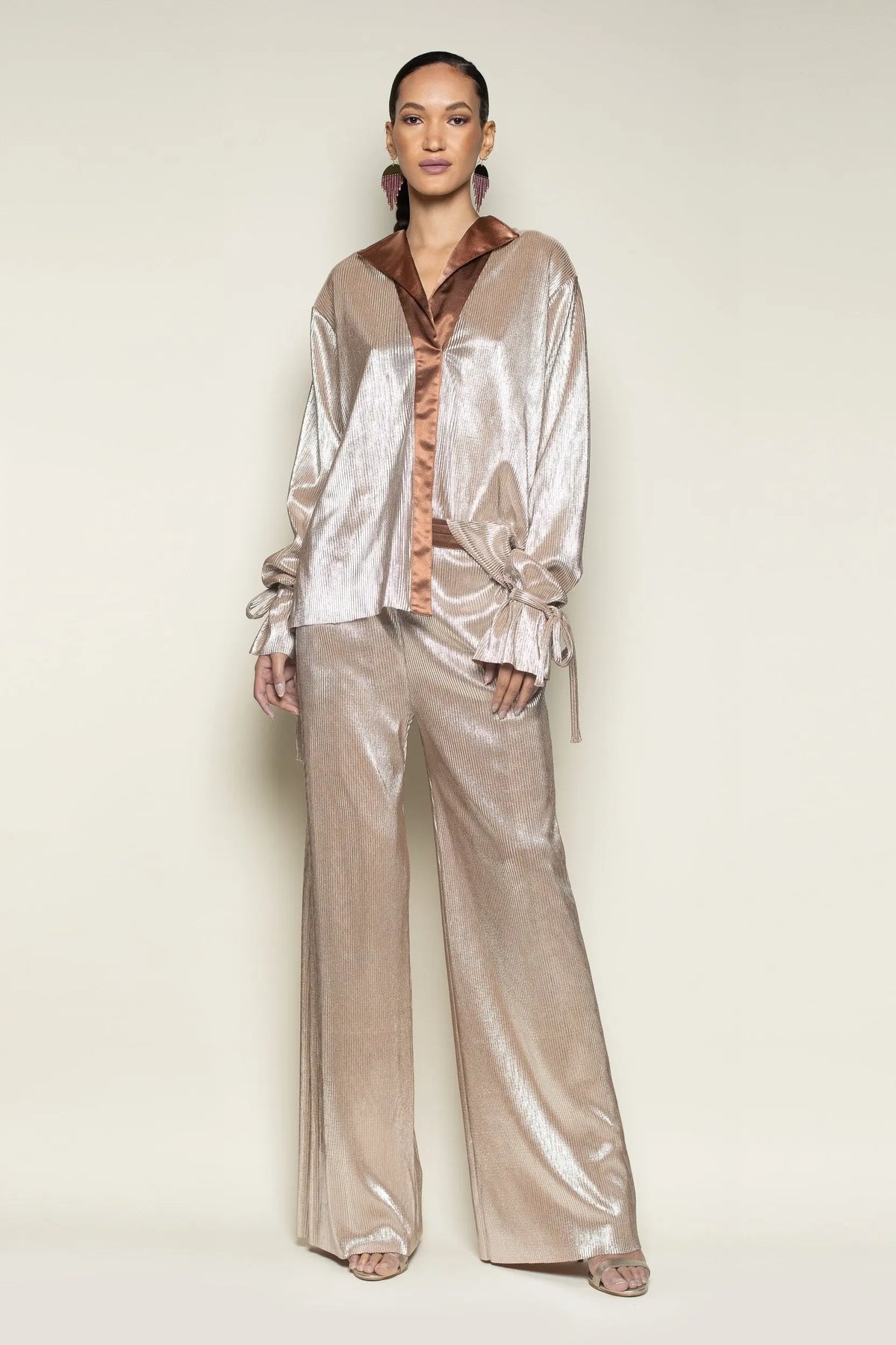 Tie Sleeve Rose Gold Shimmer Pleated Tuxedo Top