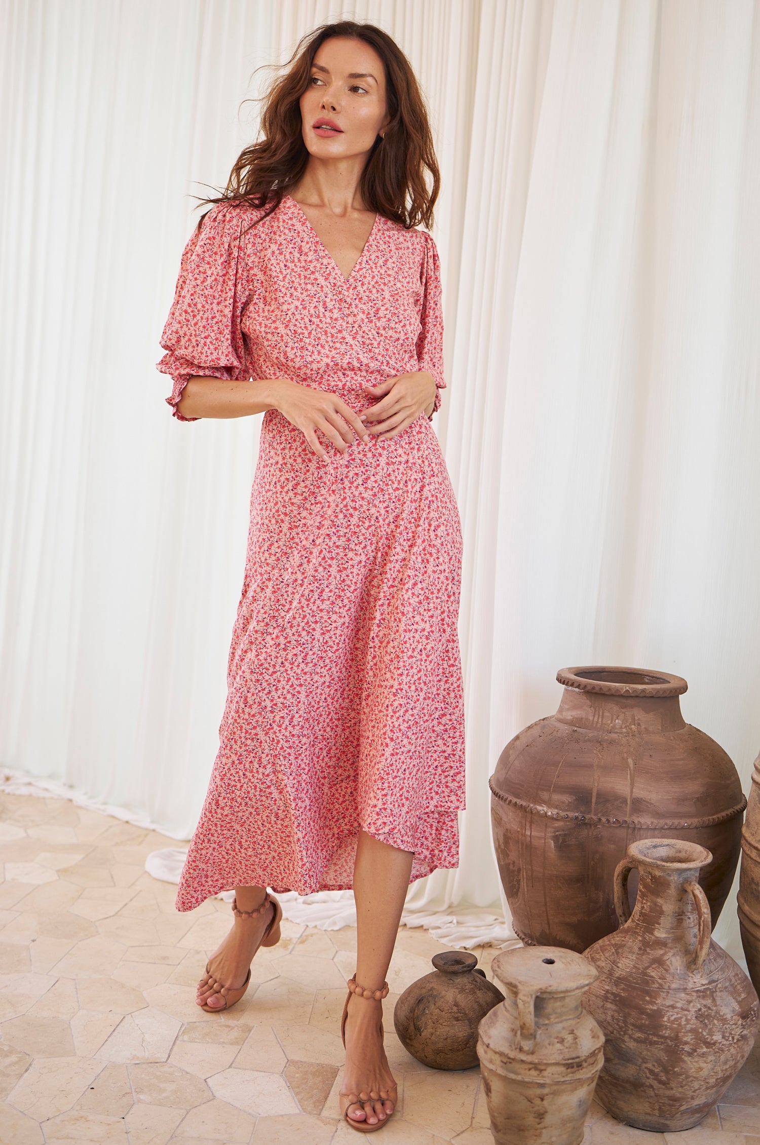 Set Sail Puff Sleeve Wrap Cotton Dress - Rose Fields