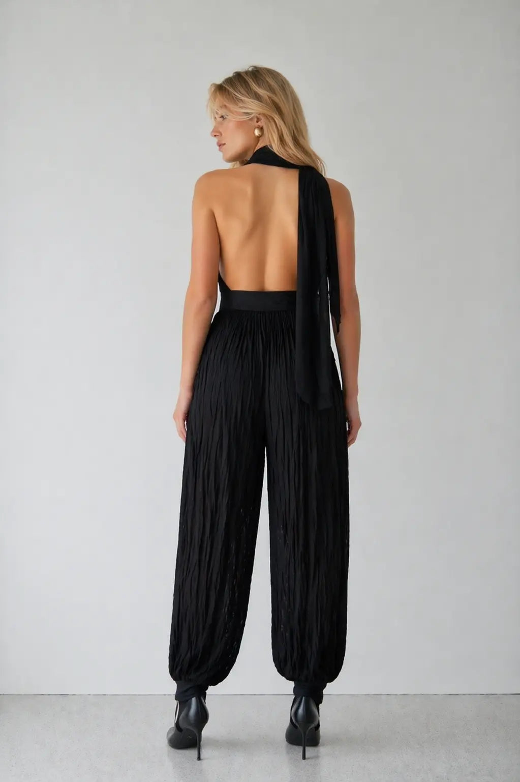 Deep V Halter Bodysuit with Scarf Neck Detail