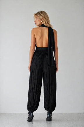 Deep V Halter Bodysuit with Scarf Neck Detail