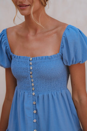 Catalina Smocked Linen Mini Dress - Azure