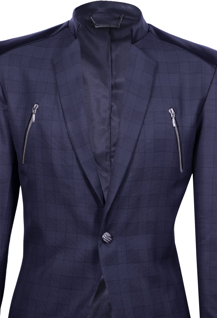 Gray checkered blazer with synthetic trim and zippers