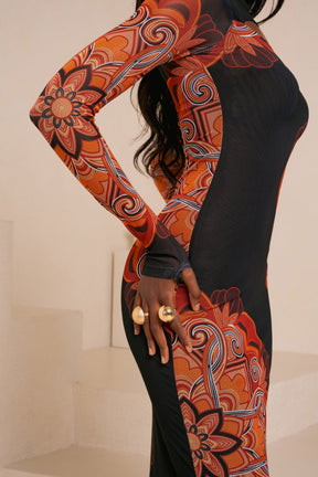 ENANG ORANGE LONG SLEEVE MAXI MESH DRESS