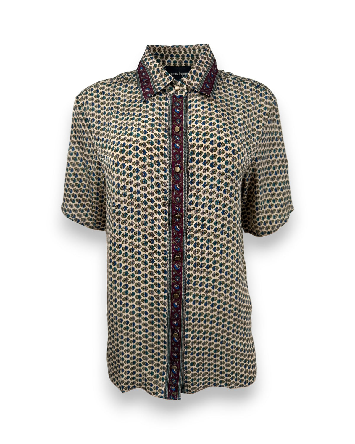 Embossed Botanic Short Sleeve Crepe Shirt - Forest Plum