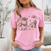 Cowboy Corgi UFO Desert Graphic T-Shirt | Light Pink Space Western Dog Cotton Tee