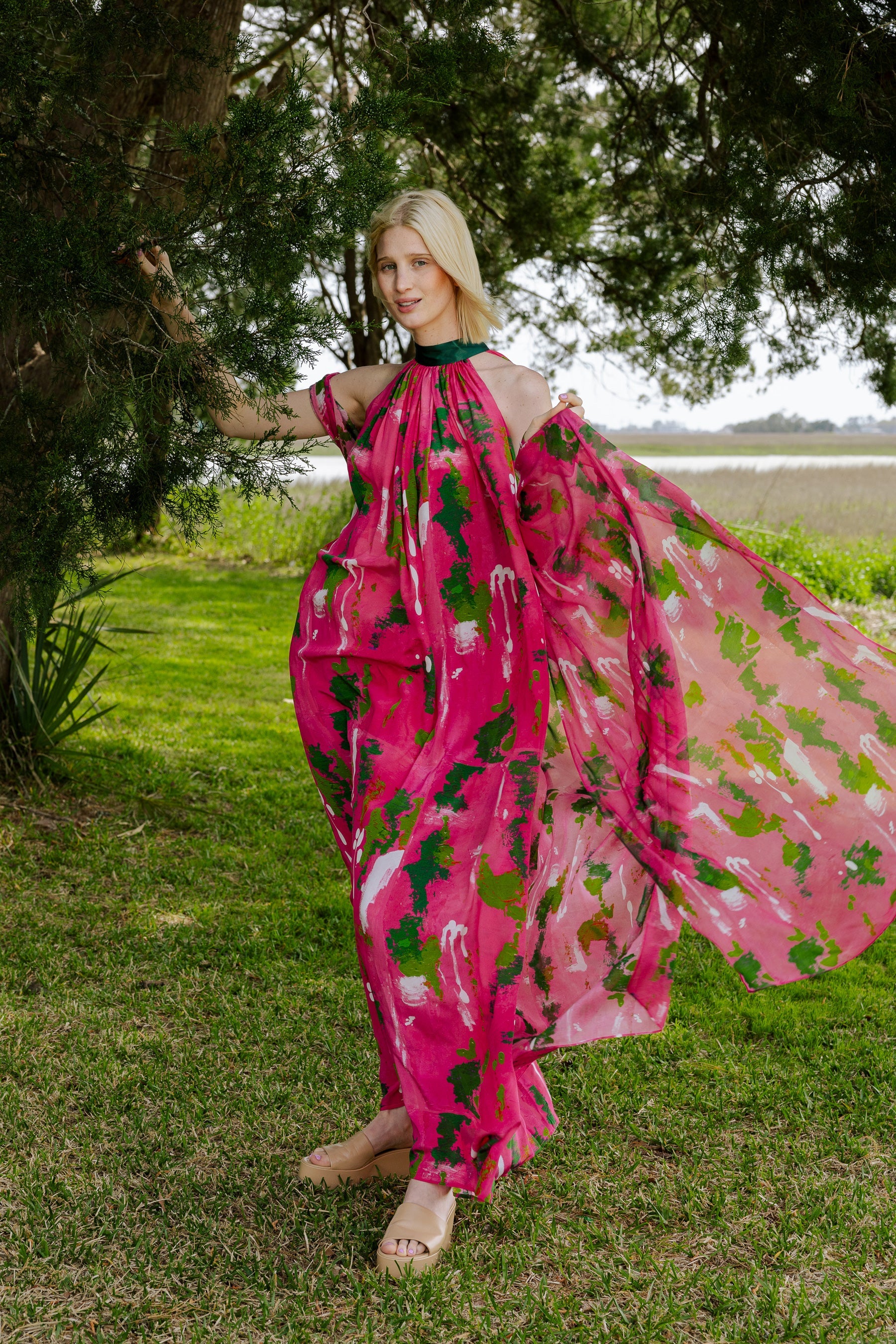 Pink Green Wall Splash Gathered Maxi Dress