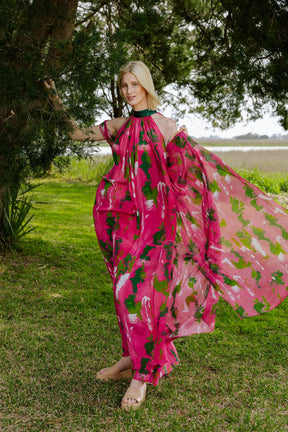 Pink Green Wall Splash Gathered Maxi Dress