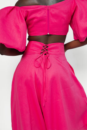 Linen SKYE Puffy Sleeve Crop Top in Pink