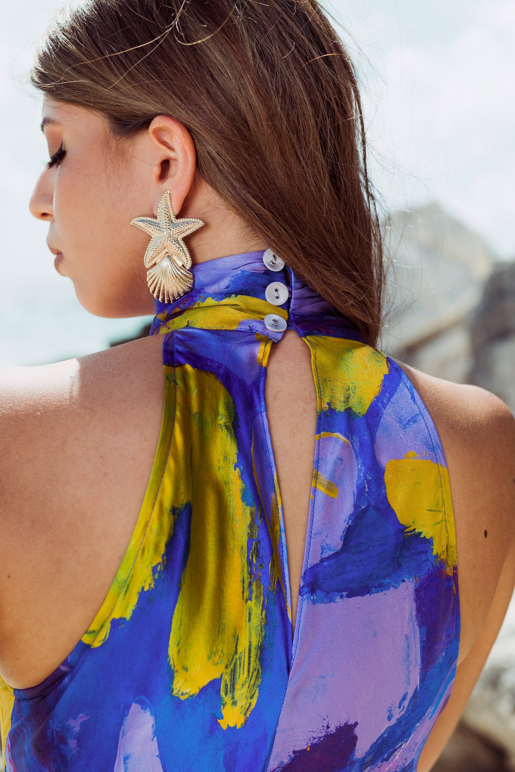 Purple Gold Abstract I High Neck Bias Cut Dress