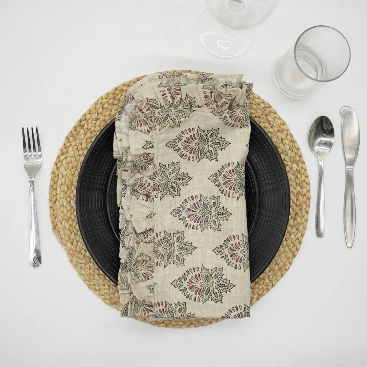 Stylish Block Printed Linen Blend Table Set Of 4 Frill Napkin - Samrat