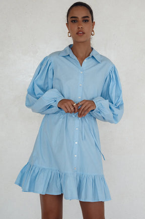 Malina Button Down Cotton Mini Dress - Light Blue