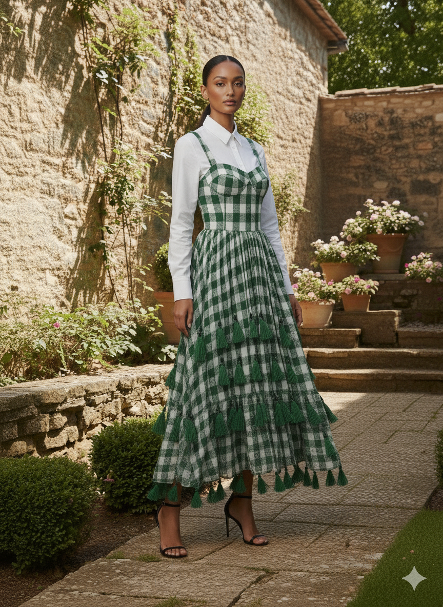 Amira Luxe Gingham Corset Dress with tassels