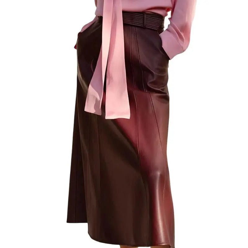 Genuine Sheep Leather Belted Midi Skirt