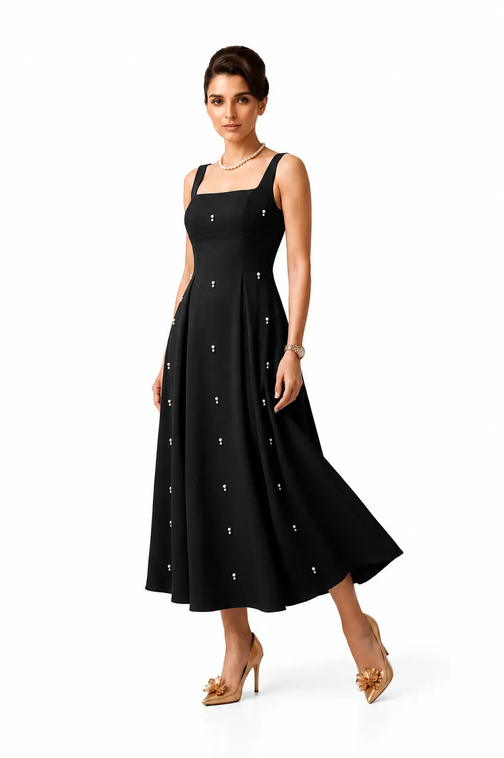 Pearl Blossom Embellished Dress – Black