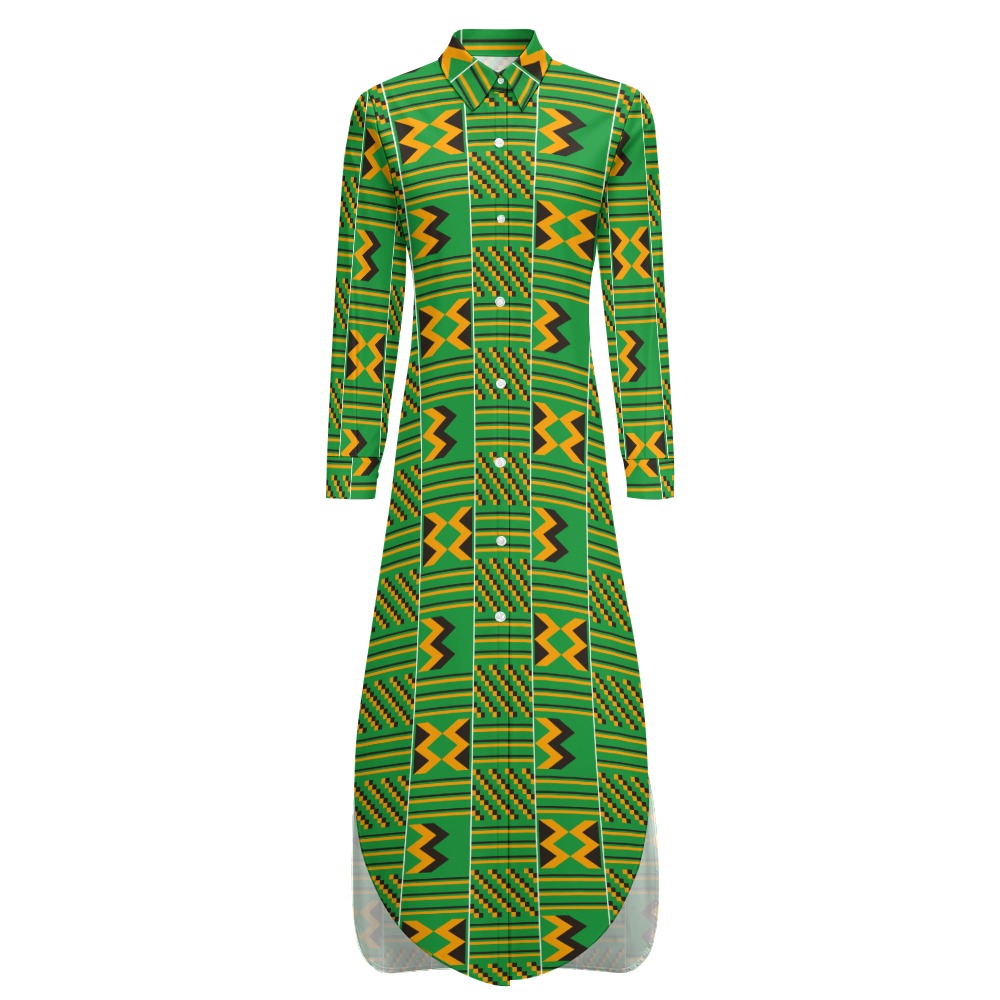 Green African Print Shirt Dress