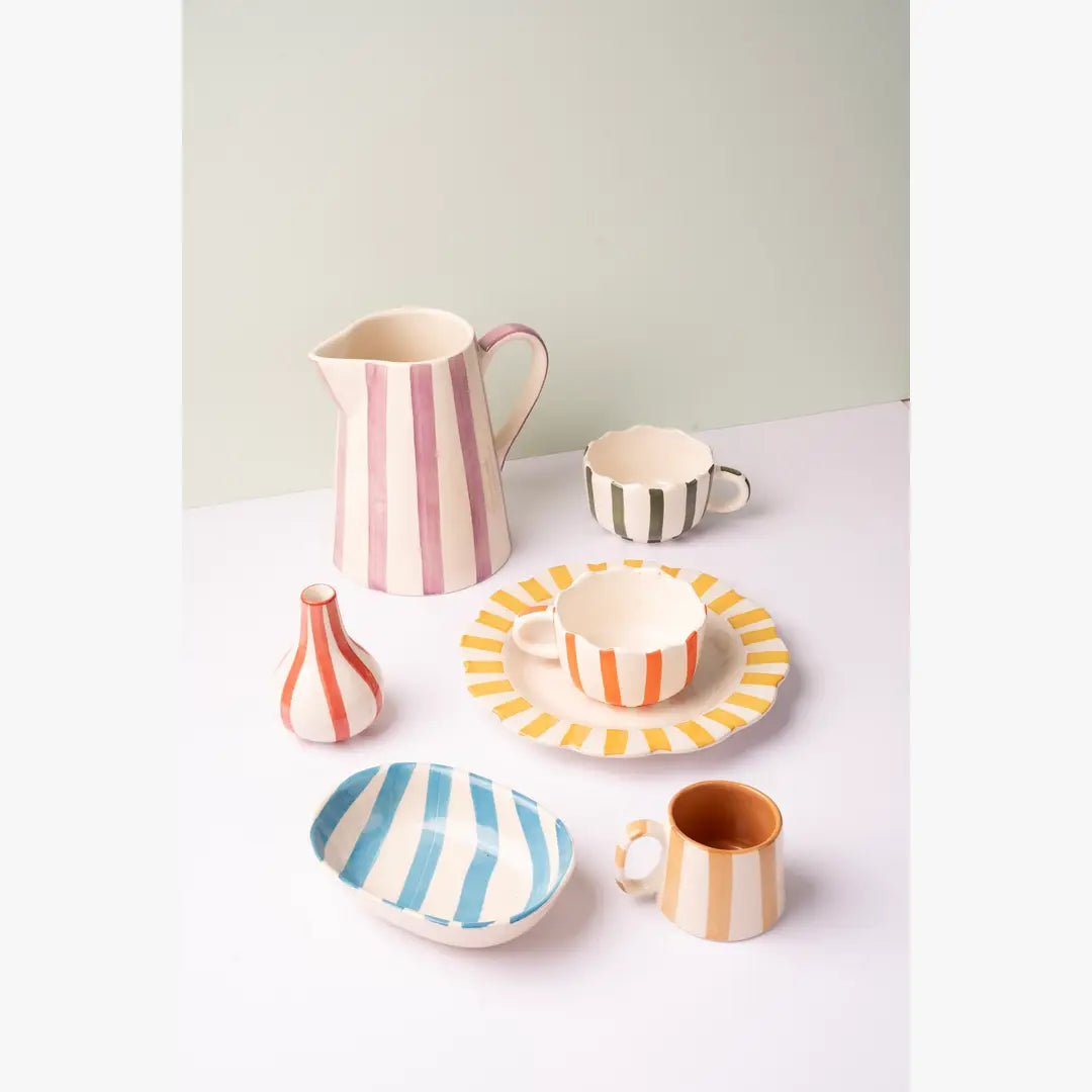 Ceramic Stripe  Pitcher, Purple- 8.25 x 8.25 x 8 Inches