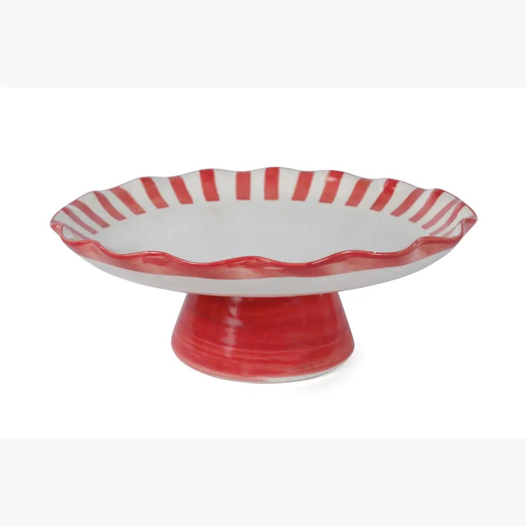 Ceramic Stripe Cake Stand,Red - 10 x 10 x 3.75 Inches