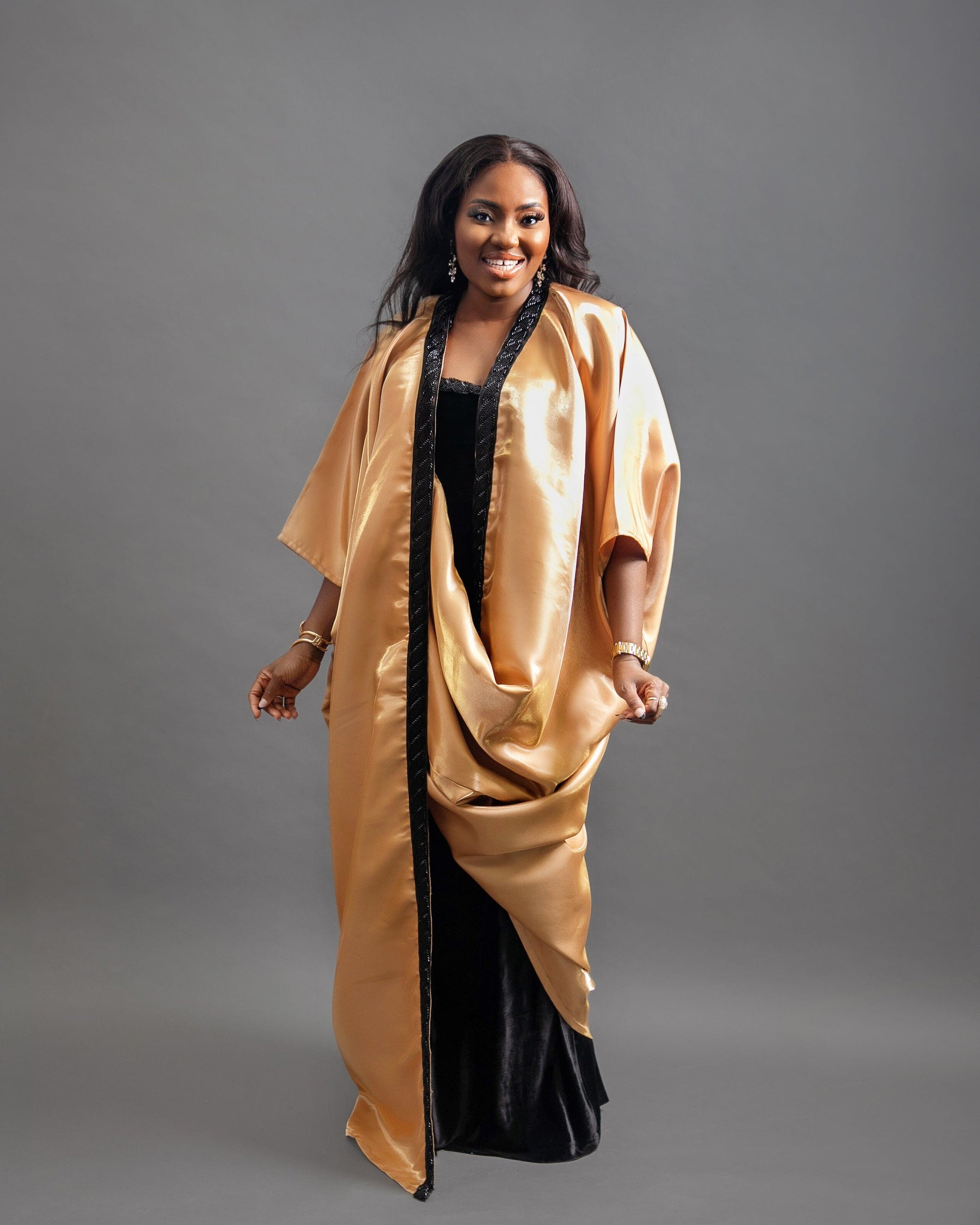Wave Tube Velvet Black Dress with  Kimono Set