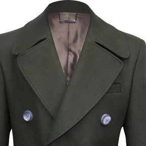 Military green double-breasted coat.
