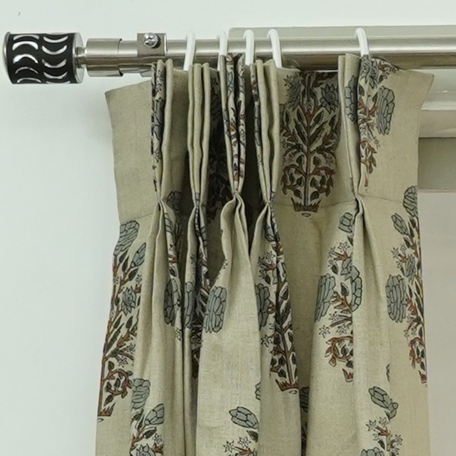 Floral Hand Block Print Pure Linen Pleated Curtain- Swadesh