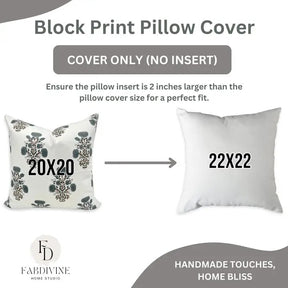 Floral Hand Made Block DesignThick Cotton White Pillow Cover  - Swadesh