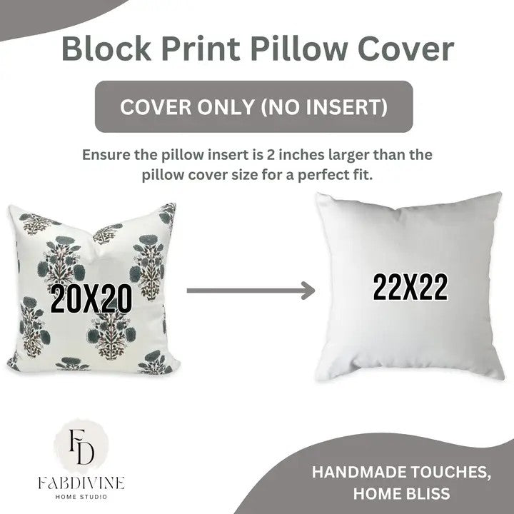 Floral Hand Made Block DesignThick Cotton White Pillow Cover  - Swadesh