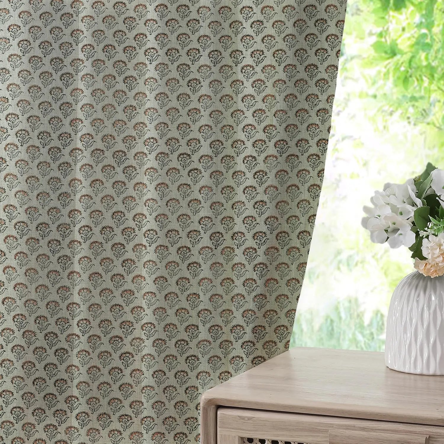 Handcrafted Print Thick Linen Pleated Curtain- Juju Flower