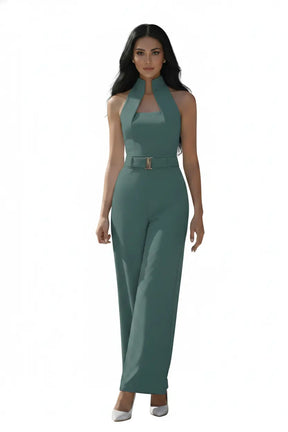 Sea-green High-collar Jumpsuit – Gold Buckle