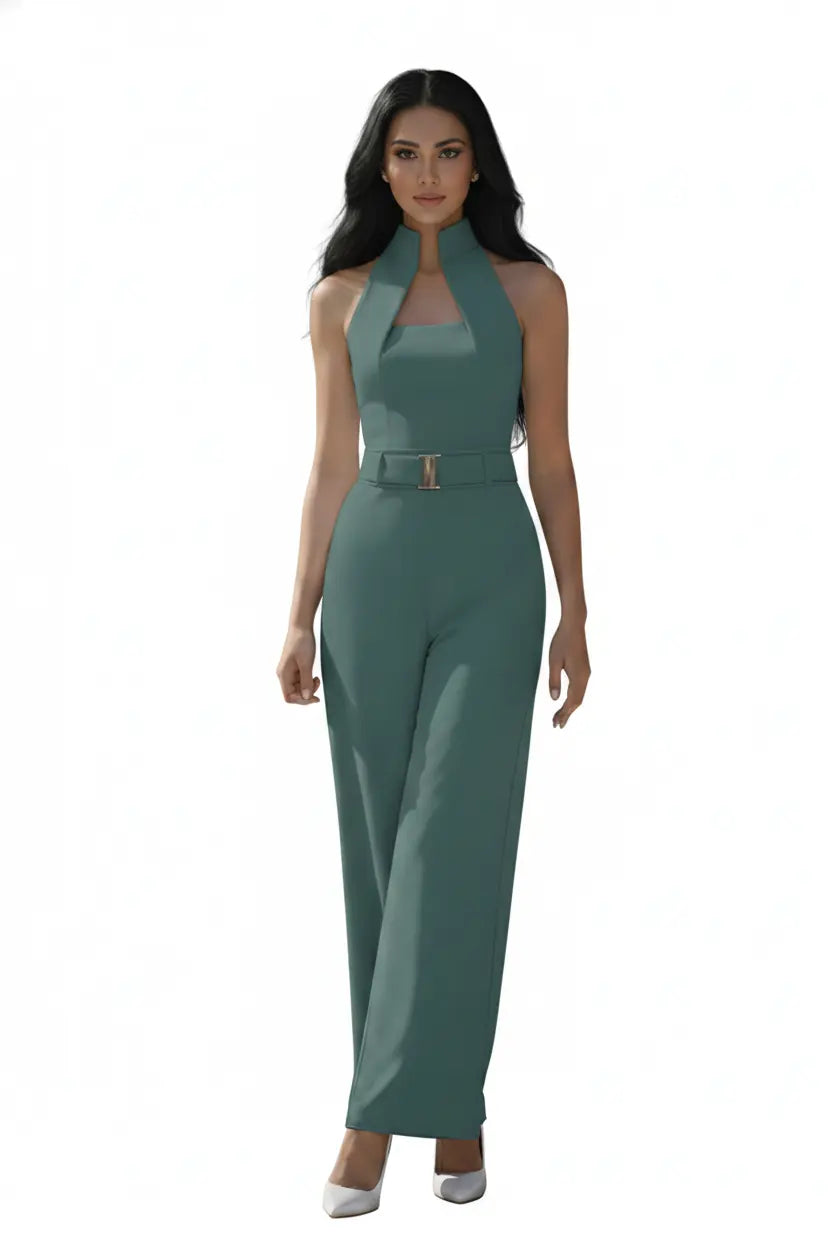 Sea-green High-collar Jumpsuit – Gold Buckle