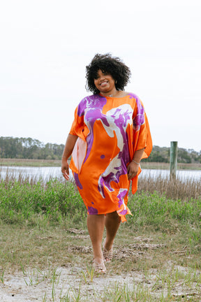 Orange Purple Marble Dolman Sleeve Dress