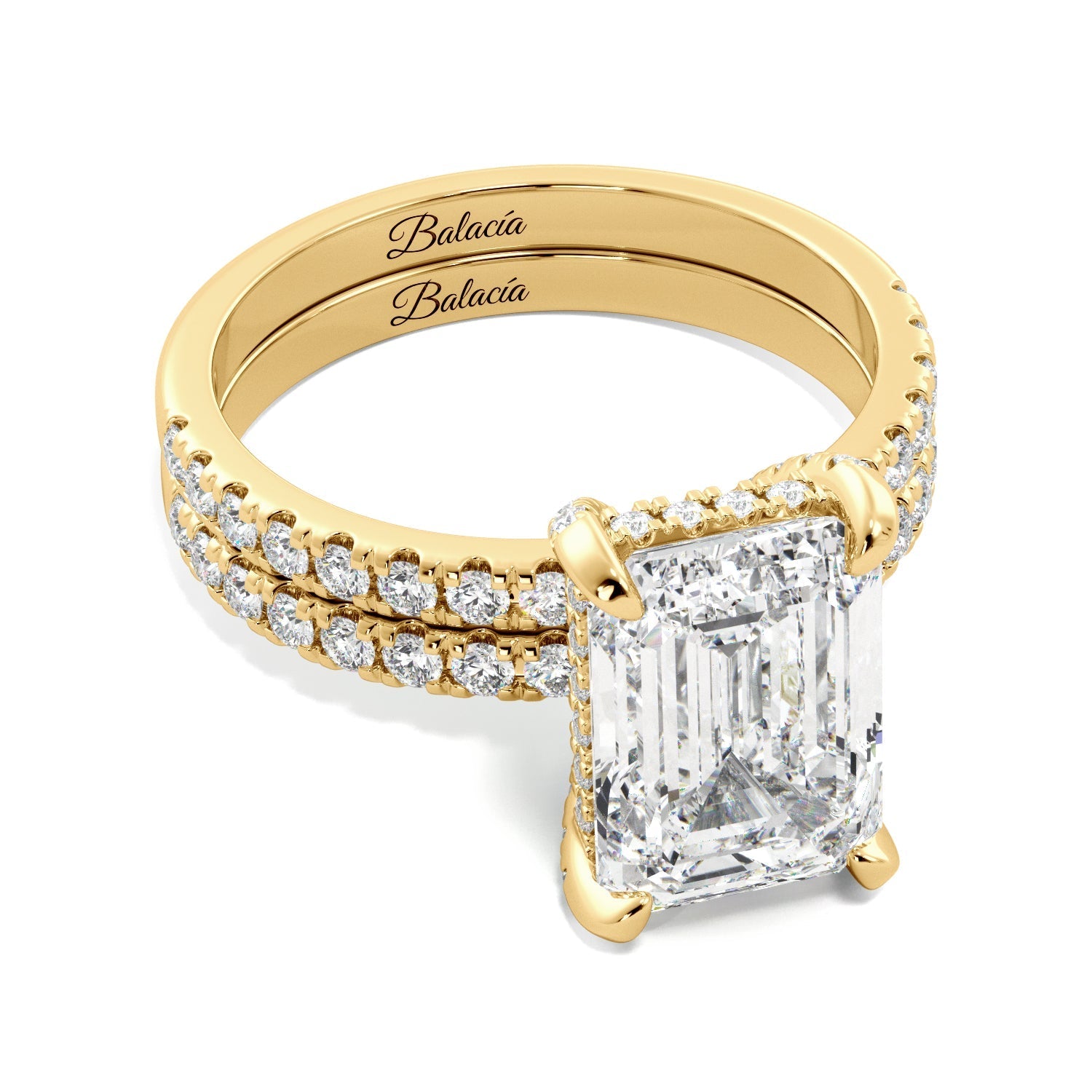 Emerald Cut Hidden Halo Engagement Ring Set