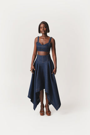 Denim Pinstripe ABI Corset Handkerchief Skirt