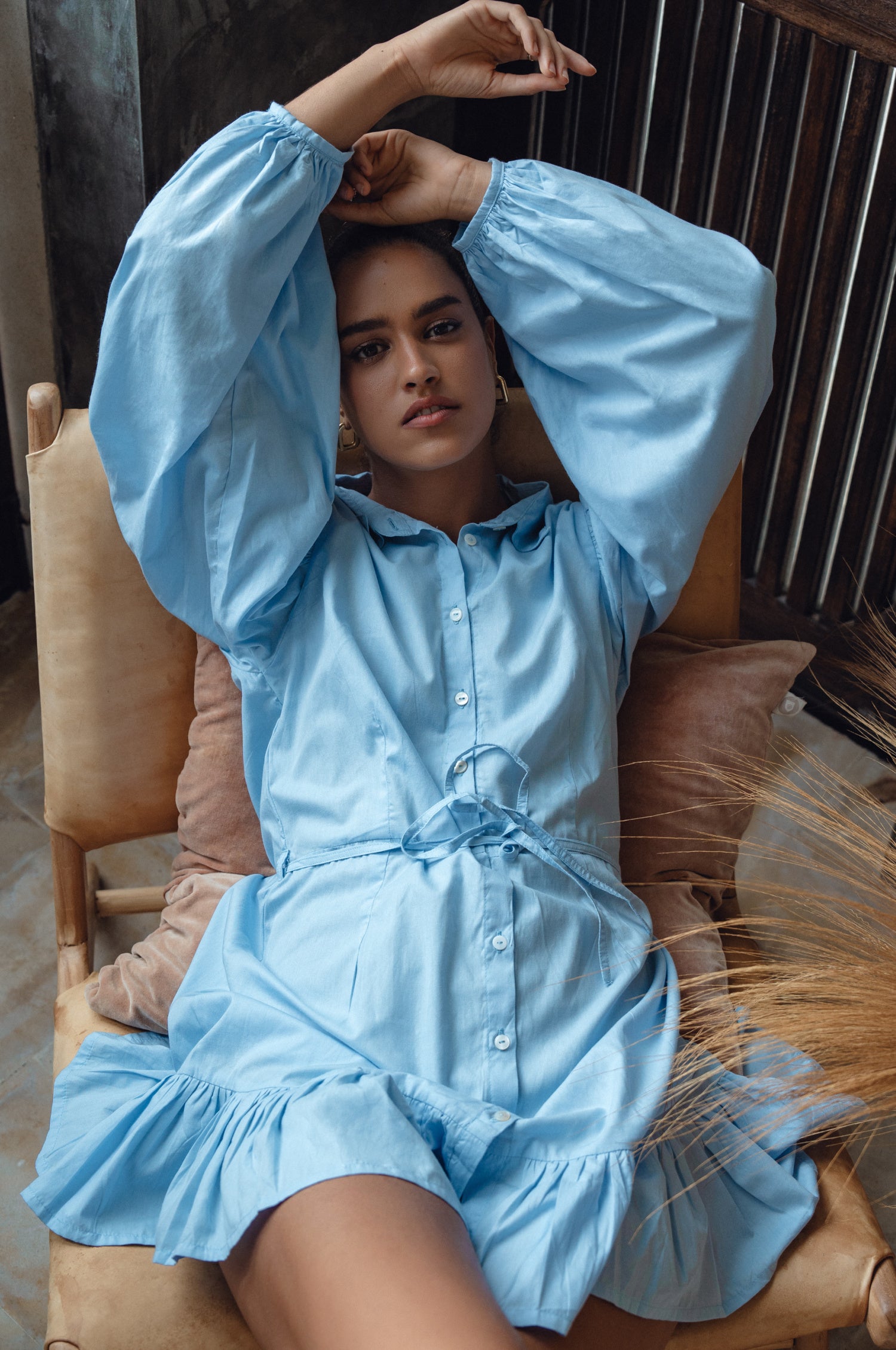 Malina Button Down Cotton Mini Dress - Light Blue