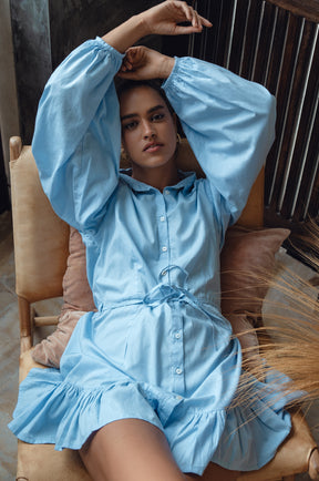 Malina Button Down Cotton Mini Dress - Light Blue
