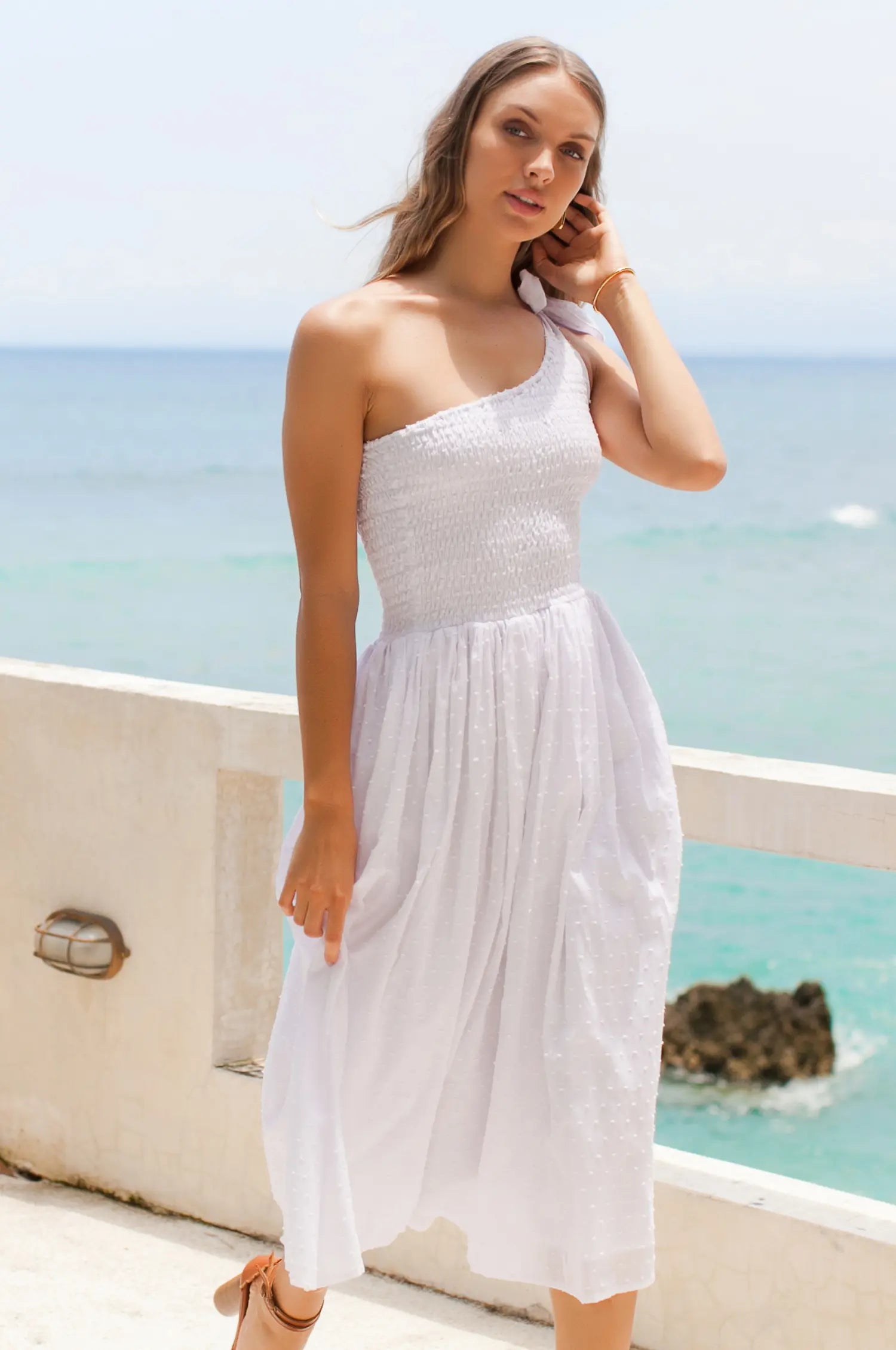 Sienna One-Shoulder Shirred Dress - White Pompom