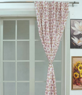 Handcrafted Pink Brown Floral Block Print Curtain - Linen Boho Ethnic Drape Saanjh