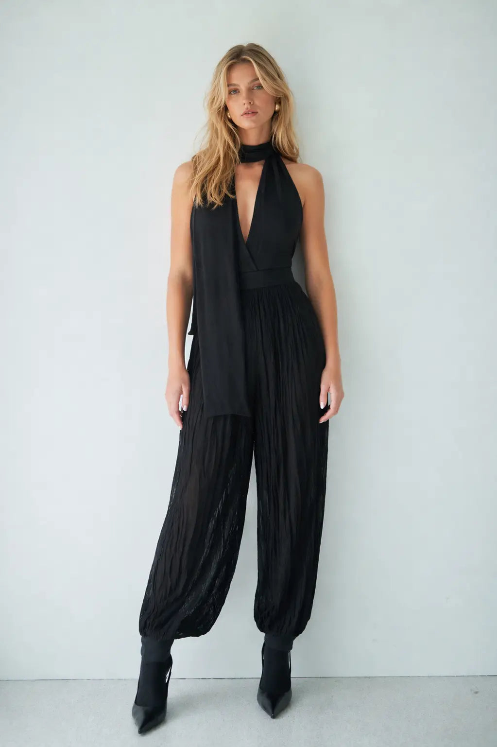 Deep V Halter Bodysuit with Scarf Neck Detail