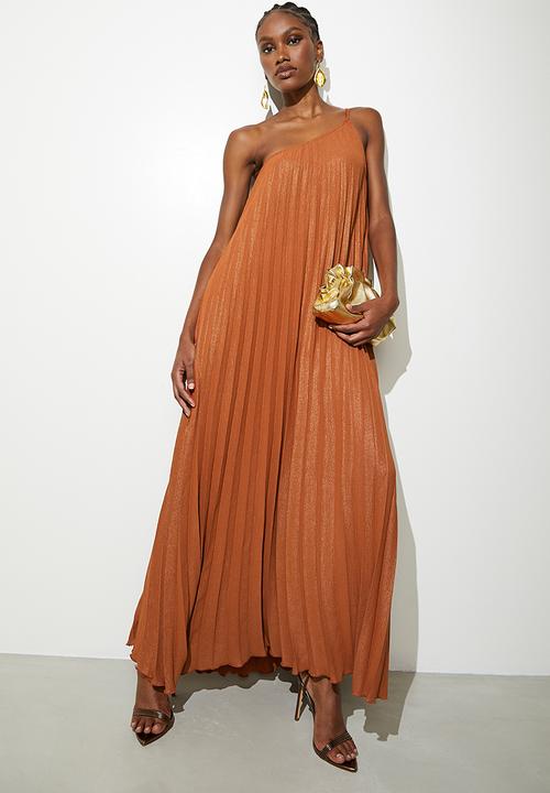 Asymmetric pleated kaftan dress - caramel