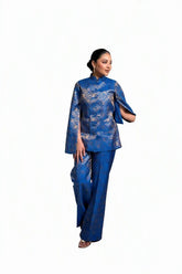 Mumtaz Banarasi Cape Co-ord Set: Women's Royal Blue Gold Floral Indowestern Wear