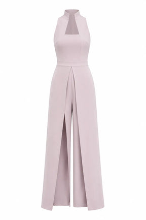Salmon Pink High-collar Slit-leg Jumpsuit