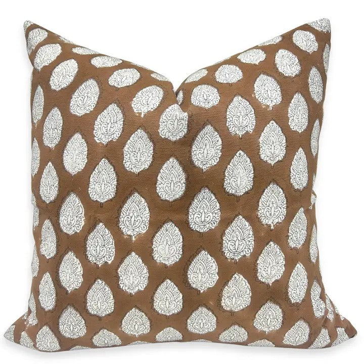 Bohemian Handcarfted  Block PrintThick Cotton White Cushion Cover-Betal Leaf