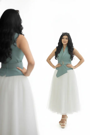 Ivory Skirt & Sea Green Waist Coat – Serene Sophistication